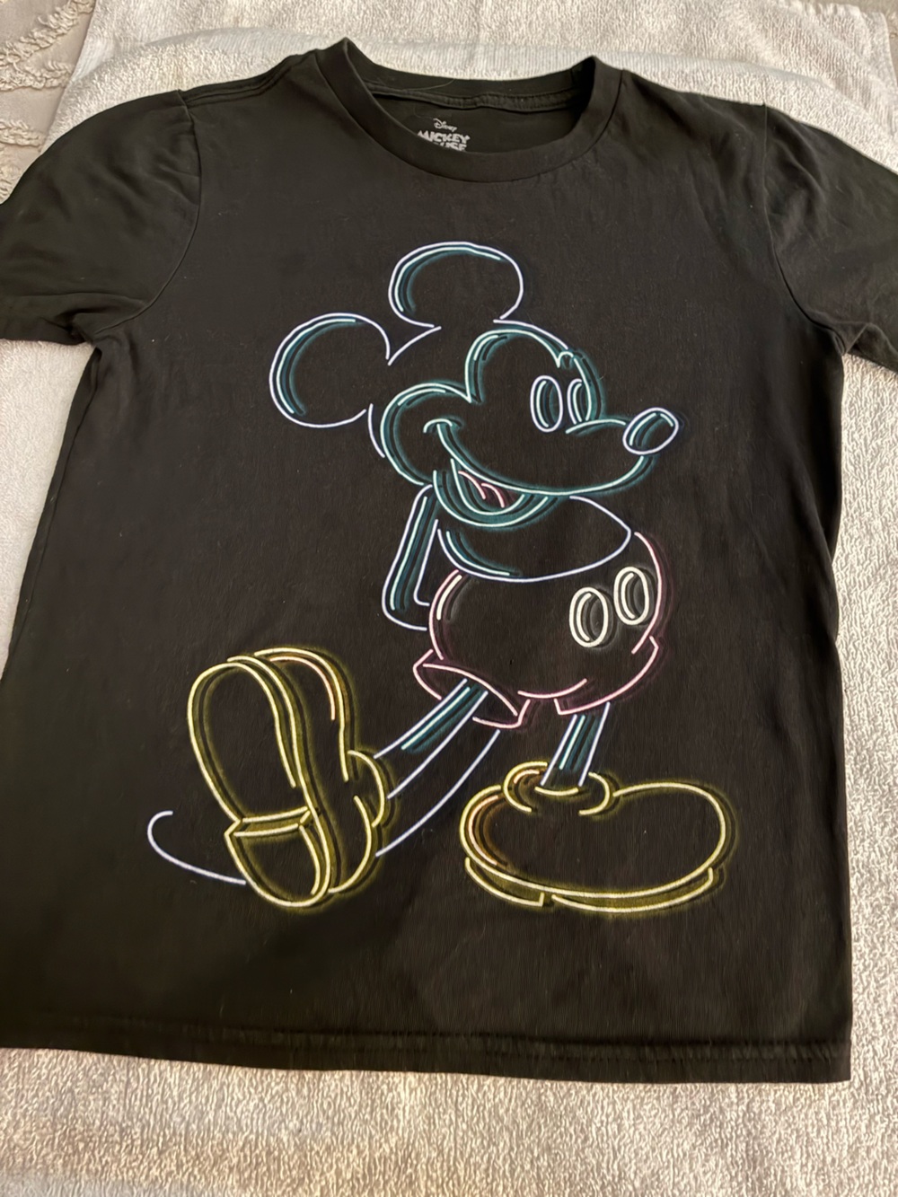 Disney Youth Mickey Mouse Logo Tee White Print electric neon outlined Mickey